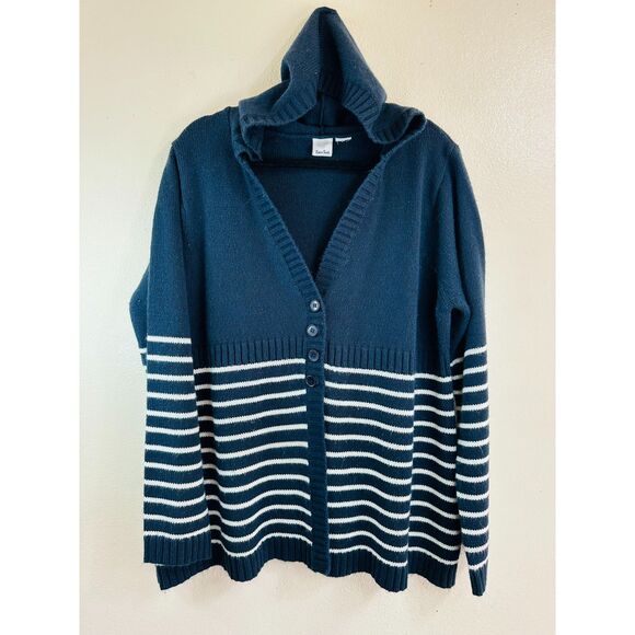 Extra Touch Sweaters - Extra Touch Women's Long Sleeve Navy Blue Cardigan with Hood Size 2X